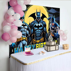 Lofaris Comic Book Superhero Birthday Backdrop with Cityscape and Moon, Dynamic Party Background for Kids Photo Booth Decoration
