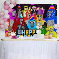 Lofaris Colorful Cartoon Ape Birthday Backdrop with Party Hats, Vibrant Pixelated Happy Birthday Background for Kids Party Photoshoot