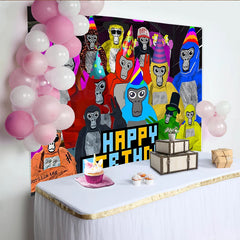 Lofaris Colorful Cartoon Ape Birthday Backdrop with Party Hats, Vibrant Pixelated Happy Birthday Background for Kids Party Photoshoot