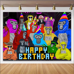 Lofaris Colorful Cartoon Ape Birthday Backdrop with Party Hats, Vibrant Pixelated Happy Birthday Background for Kids Party Photoshoot