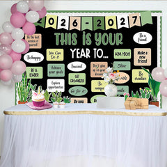 Lofaris Black 'This Is Your Year To' Photography Backdrop with Green Plants, Inspirational Quote Background for Classroom Decor or Studio