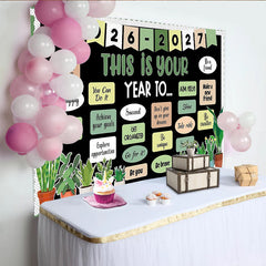 Lofaris Black 'This Is Your Year To' Photography Backdrop with Green Plants, Inspirational Quote Background for Classroom Decor or Studio