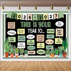 Lofaris Black 'This Is Your Year To' Photography Backdrop with Green Plants, Inspirational Quote Background for Classroom Decor or Studio