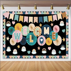 Lofaris Pastel Colorful Welcome Photography Backdrop with Rainbows and Paper Fans, Cheerful Studio Background for Party Decor