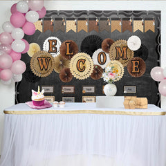 Lofaris Rustic Welcome Chalkboard Backdrop with Coffee and Decorative Paper Fans, Versatile Studio Background for Classroom Decor