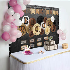 Lofaris Rustic Welcome Chalkboard Backdrop with Coffee and Decorative Paper Fans, Versatile Studio Background for Classroom Decor