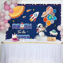 Lofaris Cartoon Astronaut Space Birthday Backdrop with Planets and Rocket, "Reach for the Stars" Theme Background for Kids Party Photography