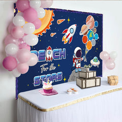 Lofaris Cartoon Astronaut Space Birthday Backdrop with Planets and Rocket, "Reach for the Stars" Theme Background for Kids Party Photography