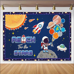 Lofaris Cartoon Astronaut Space Birthday Backdrop with Planets and Rocket, "Reach for the Stars" Theme Background for Kids Party Photography