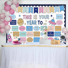 Lofaris Cartoon Space Photography Backdrop with Motivational Phrases and Astronaut, White Wood Texture for Classroom or Studio Photoshoot
