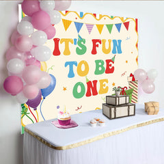 Celebrate Colorful Balloons and Stripes 1st Birthday Backdrop for Boy, Fun to Be One Party Banner and Cute Cake Smash Studio Prop
