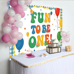 Lofaris Colorful Fun To Be One 1st Birthday Backdrop, Balloons and Party Hat, Gingham Border Background for Baby's Party