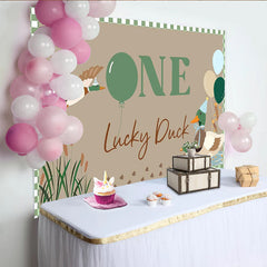 Celebrate One Lucky Duck Animal Birthday Backdrop for 1st Birthday, Cute Mallard Duck Banner for Cake Smash Photo Booth