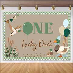 Celebrate One Lucky Duck Animal Birthday Backdrop for 1st Birthday, Cute Mallard Duck Banner for Cake Smash Photo Booth