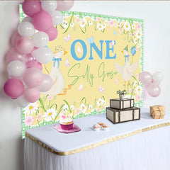 Lofaris Silly Goose First Birthday Backdrop with Cartoon Geese and Daisies, Cute Animal Party Background for Baby Photography