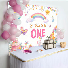 Lofaris It's Fun to be ONE Cartoon 1st Birthday Backdrop with Rainbow and Balloons, Cute Animal Cake Smash Background for Baby Party Decor