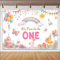 Lofaris It's Fun to be ONE Cartoon 1st Birthday Backdrop with Rainbow and Balloons, Cute Animal Cake Smash Background for Baby Party Decor