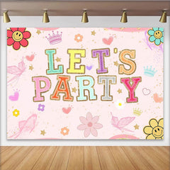 Lofaris Pink Groovy Let's Party Birthday Backdrop with Colorful Glitter Letters, Fun Photo Booth Background for Girls Celebration.