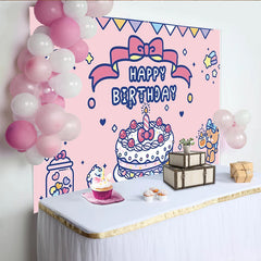 Lofaris Cute Pink Cartoon Birthday Backdrop with Cake and Teddy Bear, Adorable Party Decoration Background for Girls Photoshoot