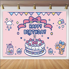 Lofaris Cute Pink Cartoon Birthday Backdrop with Cake and Teddy Bear, Adorable Party Decoration Background for Girls Photoshoot