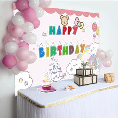 Lofaris Cute Cartoon Animal Happy Birthday Backdrop with Balloons and Rainbow, Adorable Party Background for Kids Photoshoot Decor