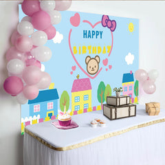 Lofaris Cute Cartoon Bear Happy Birthday Backdrop with Village Houses and Tulips, Blue Sky Photography Background for Kids Party Decor