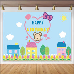Lofaris Cute Cartoon Bear Happy Birthday Backdrop with Village Houses and Tulips, Blue Sky Photography Background for Kids Party Decor