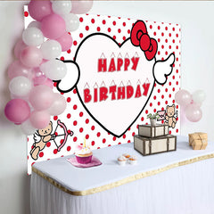 Lofaris Cute Red Polka Dot Birthday Backdrop with Heart and Bow, Adorable Teddy Bear Photo Background for Girls Party