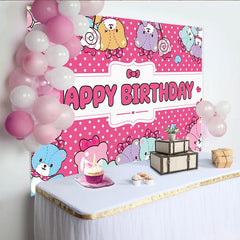 Lofaris Cute Pink Polka Dot Cartoon Animal Birthday Backdrop for Girls, Happy Birthday Party Background with Sweet Lollipops for Photoshoot