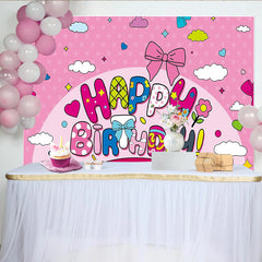 Lofaris Pink Cartoon Happy Birthday Backdrop for Girls Party, with Colorful Bows and Stars, Cute Photo Booth Background Decor