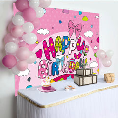 Lofaris Pink Cartoon Happy Birthday Backdrop for Girls Party, with Colorful Bows and Stars, Cute Photo Booth Background Decor