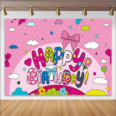 Lofaris Pink Cartoon Happy Birthday Backdrop for Girls Party, with Colorful Bows and Stars, Cute Photo Booth Background Decor