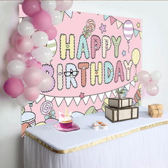 Lofaris Pastel Macaron Happy Birthday Backdrop with Balloons, Cute Cartoon Party Decor for Kids Photography
