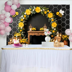 Lofaris Yellow Bee Baby Shower Backdrop with Honeycomb and Floral Arch, Rustic Lanterns Photography Background for Party Decor