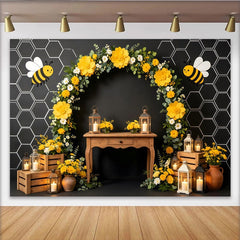 Lofaris Yellow Bee Baby Shower Backdrop with Honeycomb and Floral Arch, Rustic Lanterns Photography Background for Party Decor