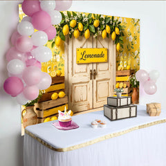 Lofaris Yellow Floral Lemonade Stand Photography Backdrop with Rustic Door, Summer Lemon Theme Background for Studio Photoshoots