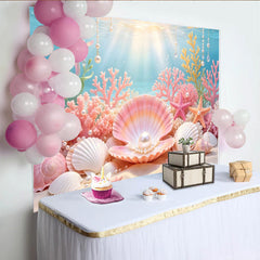 Lofaris Pink Coral Mermaid Photography Backdrop with Seashells and Pearls, Enchanting Underwater Background for Studio Photoshoot