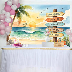 Lofaris Vibrant Tropical Beach Photography Backdrop with Sunset and Palm Trees, Motivational Sign Background for Summer Party Decor