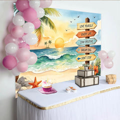Lofaris Vibrant Tropical Beach Photography Backdrop with Sunset and Palm Trees, Motivational Sign Background for Summer Party Decor