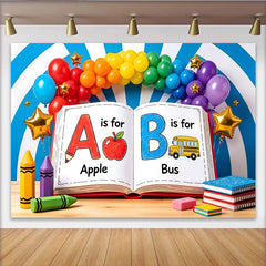 Lofaris Colorful Back To School Backdrop with Alphabet Book and School Bus, Rainbow Balloons for Kids Party Decor