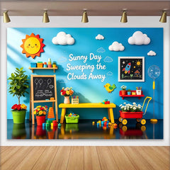 Lofaris Sunny Day Playroom Kids Photography Backdrop with Colorful Toys, Vibrant Blue Wall Background for Studio Photoshoots