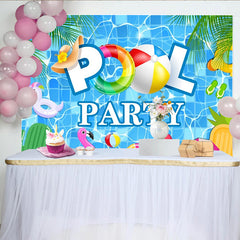 Lofaris Vibrant Blue Pool Party Backdrop with Summer Floats and Palm Leaves, Fun Photography Background for Kids and Summer Events