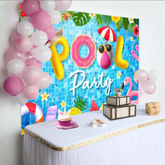 Lofaris Vibrant Pool Party Backdrop with Inflatable Letters and Tropical Leaves, Summer Photography Background for Fun Events.