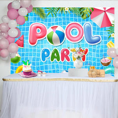 Lofaris Vibrant Blue Pool Party Birthday Backdrop with Summer Inflatables, Fun Celebration Background for Kids and Adults Photoshoot