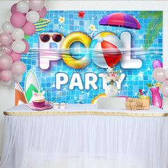Lofaris Vibrant Blue Pool Party Backdrop with Swimming Rings, Summer Vacation Photography Background for Event Decor.