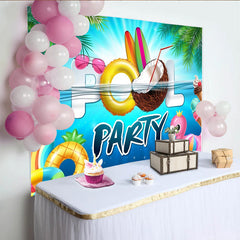 Lofaris Tropical Summer Pool Party Backdrop with Palm Leaves and Surfboards, Vibrant Water Background for Photoshoot