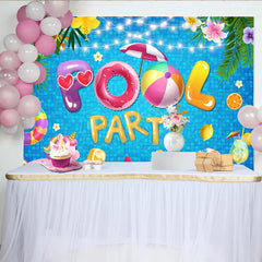 Lofaris Vibrant Pool Party Birthday Backdrop with Inflatable Letters and Tropical Flowers, Summer Celebration Background for Photoshoot Decor