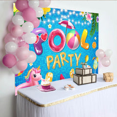 Lofaris Vibrant Pool Party Birthday Backdrop with Inflatable Letters and Tropical Flowers, Summer Celebration Background for Photoshoot Decor