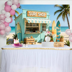 Lofaris Light Blue Surf Shop Photography Backdrop with Palm Trees and Surfboards, Tropical Beach Background for Summer Photoshoot