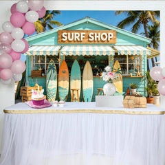 Lofaris Beach Surf Shop Photography Backdrop with Palm Trees and Surfboards, Tropical Summer Background for Photo Booth Props